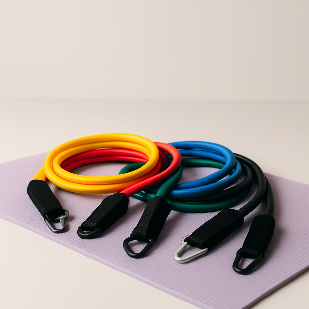 Set of colorful resistance bands with handles coiled on a purple exercise mat