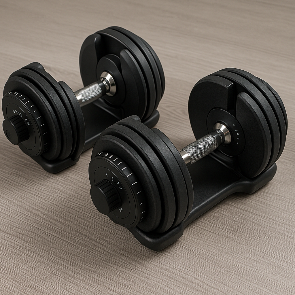 Pair of modern adjustable dumbbells with removable weight plates on a wooden floor